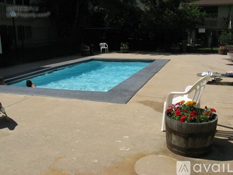 A person is swimming in a pool with a chair and a planter nearby.