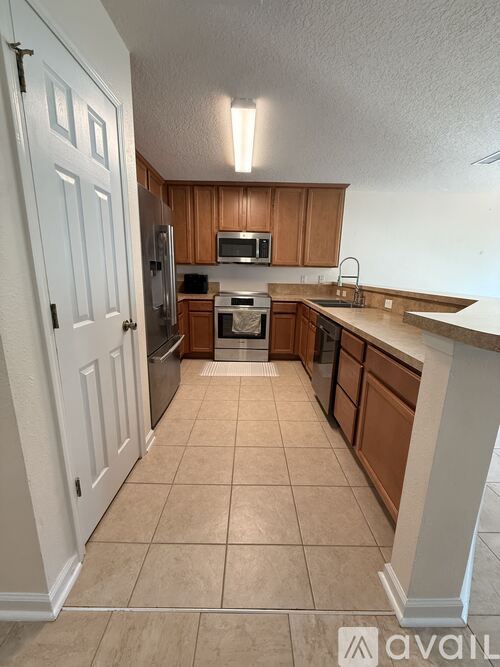 A kitchen with wooden cabinets and a white door.