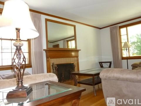 A living room with a fireplace, a lamp, a mirror, and a couch.