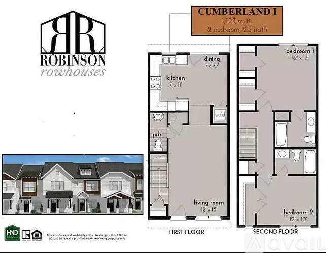 A Robinson Rowhouses floor plan shows a 2 bedroom, 2.5 bath home.