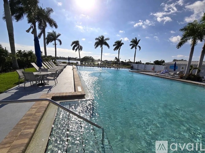 A pool surrounded by palm trees under a clear sky.