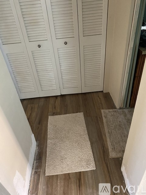 A hallway with white doors and a rug on the floor.