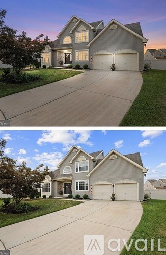 A house with a driveway and garage is shown in two different lighting conditions.