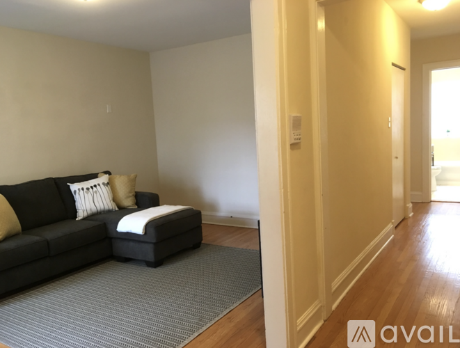 A living room with a black couch and a grey rug.