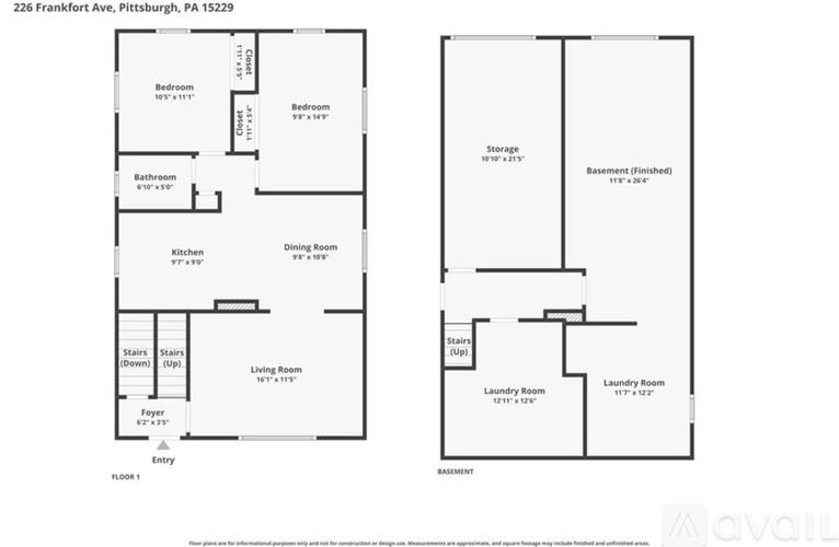 A floor plan for an apartment at 226 Frankfort Avenue, Pittsburgh, PA 15229 is displayed.