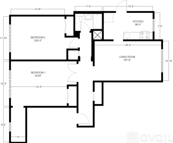 A black and white image of a floor plan for a house with three bedrooms and a living room.