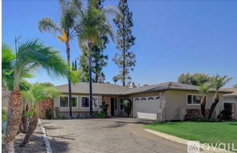A house with a driveway and palm trees in front.