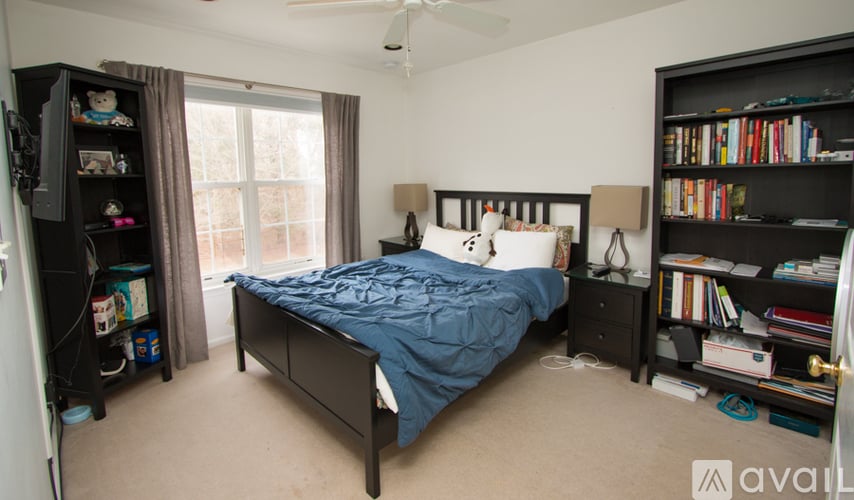 A bedroom with a bed, a ceiling fan, and a bookshelf.