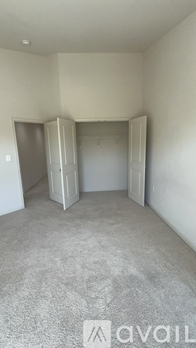 A room with carpeted floor and two open closets.
