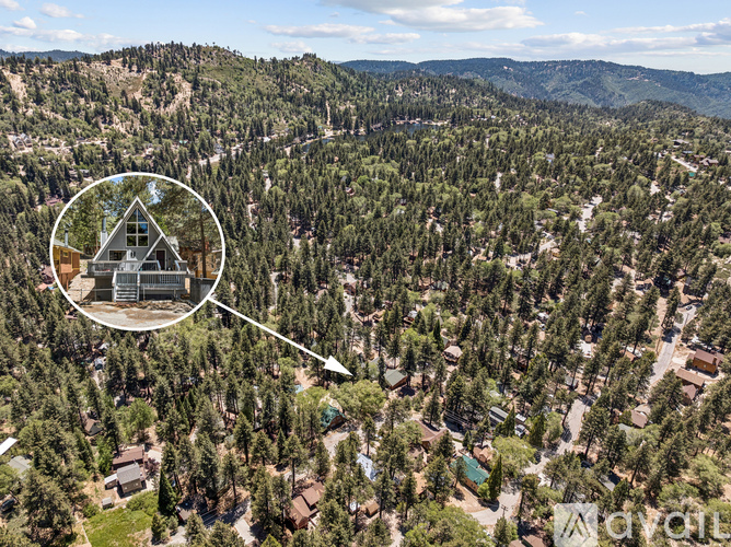 An aerial view of a house surrounded by trees.