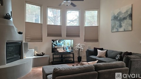 A living room with a grey couch and a television.