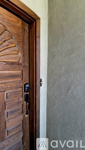 A wooden door with a black handle and a lock.