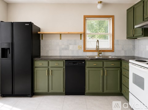 A kitchen with black and green cabinets and a black fridge.