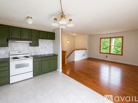 A kitchen with green cabinets and a white stove top oven.