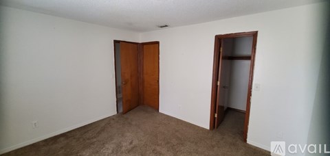 A room with two doors and a carpeted floor.