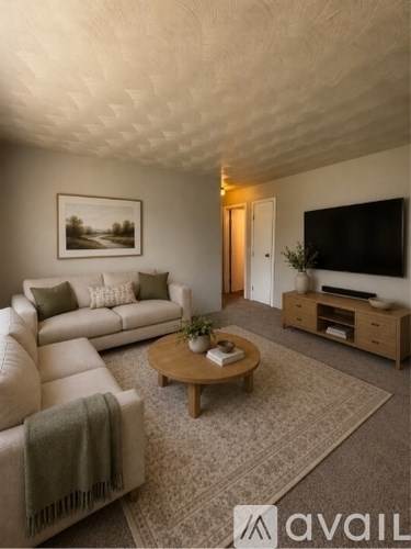A living room with a couch, a coffee table, and a television.
