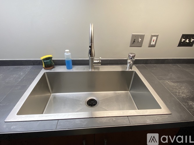 A stainless steel kitchen sink with a faucet and a bottle of dish soap on the counter.