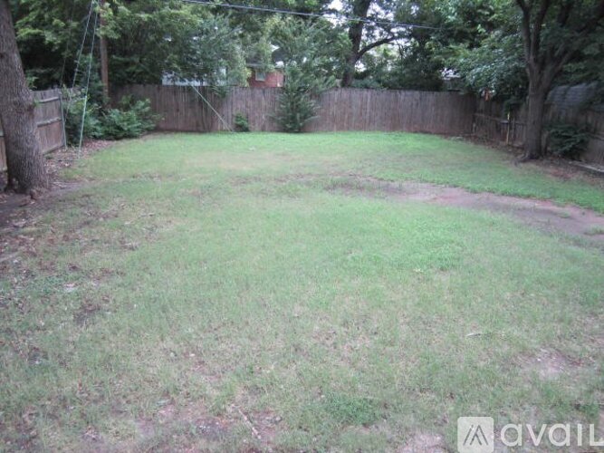 A backyard with a fence and trees.
