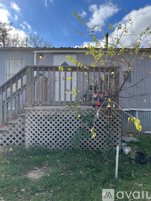 A tree with yellow leaves is in front of a house.