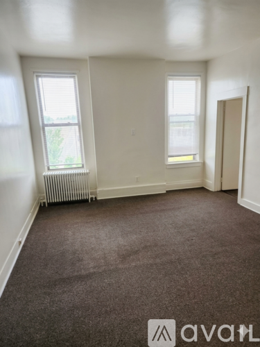 A room with carpeted floor, two windows, and a door.