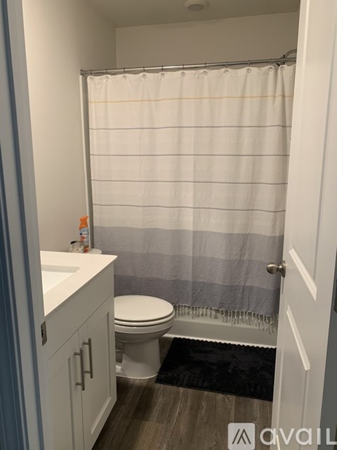 A bathroom with a toilet, sink, and shower curtain.