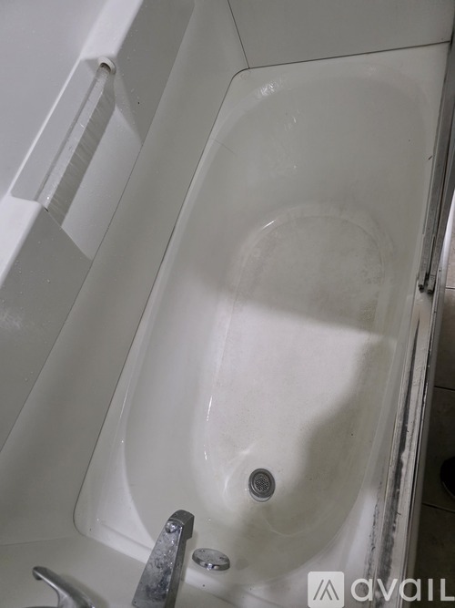 A white bathtub with a silver faucet and a silver handle.