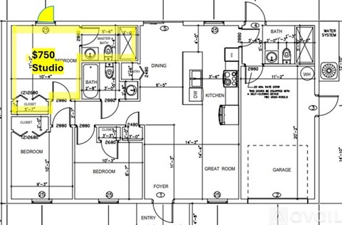 A floor plan of a house with a studio space marked at $750.