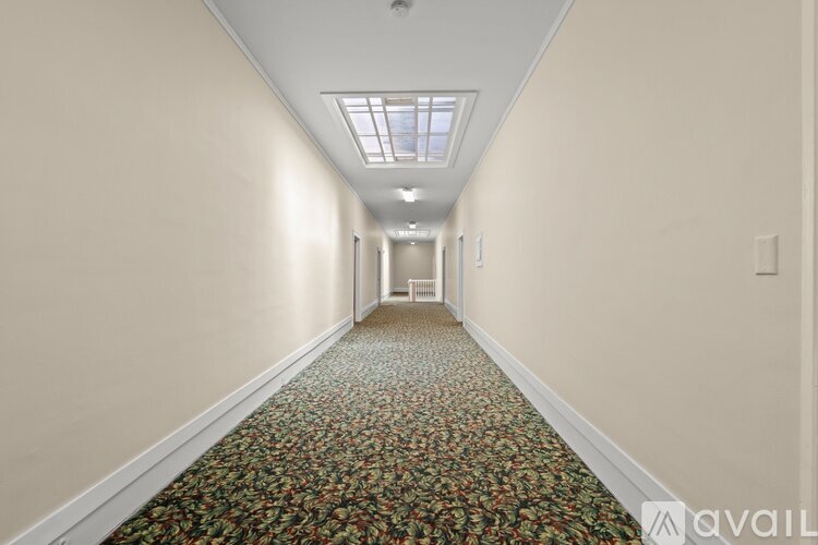 A long hallway with a floral carpet and skylight.