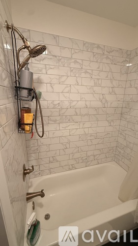 A white bathtub with a shower head and a hose attached to it.