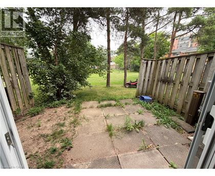 A backyard with a wooden fence and a concrete patio.