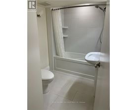 A white bathroom with a toilet, sink, and shower.