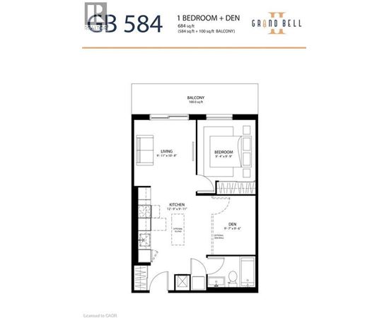 A floor plan for a 1 bedroom + den apartment sized 584 square feet.