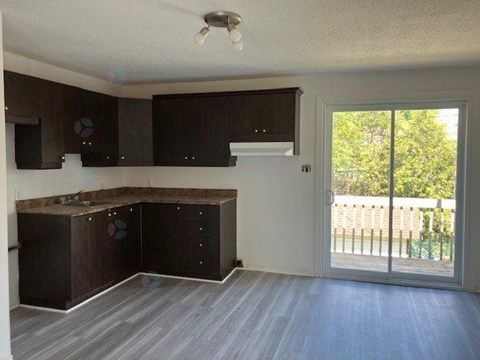 A kitchen with dark brown cabinets and a white door leading to a balcony.