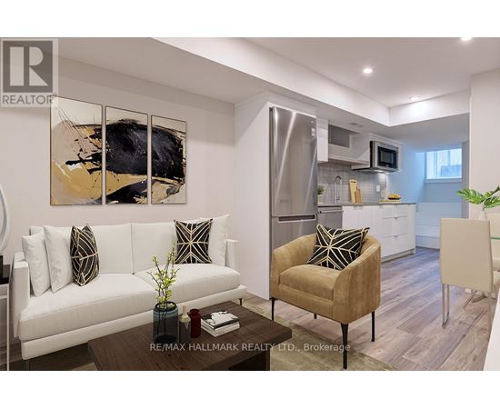 A modern living room with a white couch, a brown armchair, and a painting on the wall.