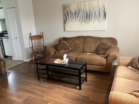 A living room with a brown couch, a coffee table, and a painting on the wall.