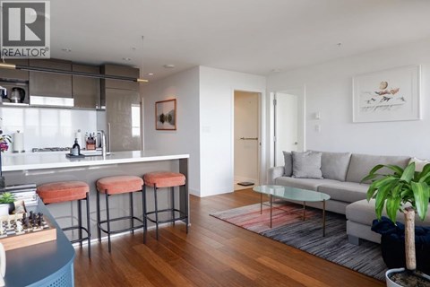 A modern living room with a bar area and a couch.