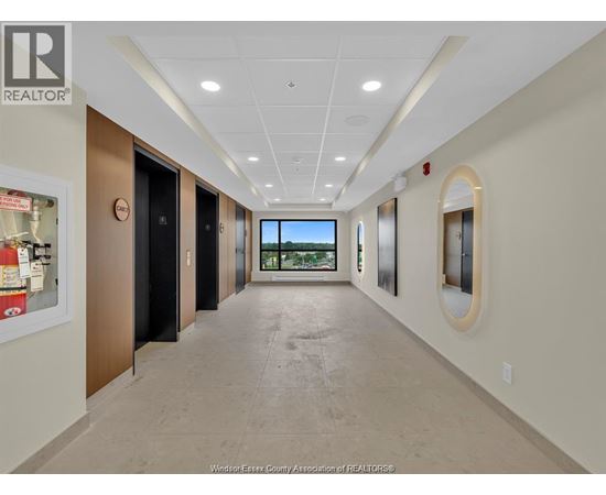 A hallway with a view of the outdoors through a window.