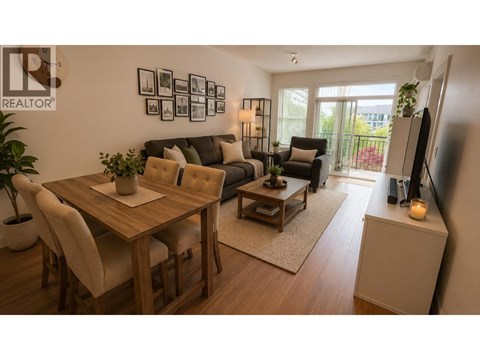 A well-lit living room with a dining table and chairs.