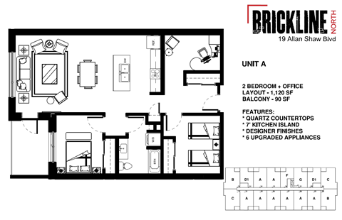 A floor plan for a 2 bedroom, 2 bathroom apartment with a kitchen island and upgraded appliances.