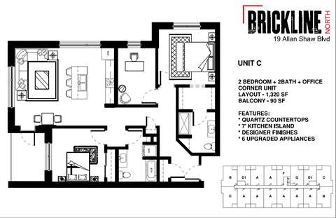 A floor plan for a unit at Brickline North, showing a 2 bedroom, 2 bathroom, corner unit with a layout of 1320 square feet and a balcony of 90 square feet.