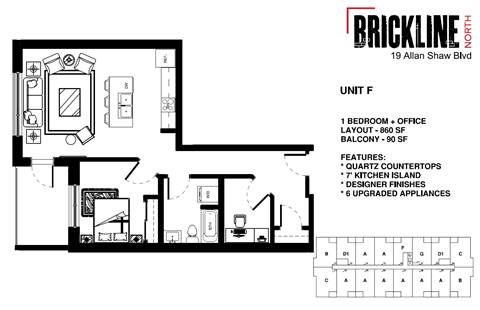 A floor plan for a unit at Brickline North shows a bedroom and office layout.