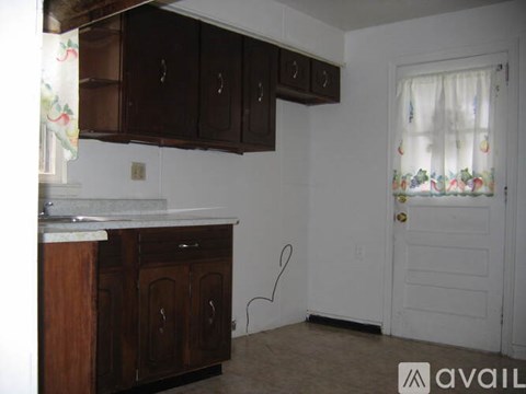 A kitchen with wooden cabinets and a white door.