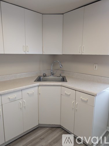A kitchen with white cabinets and a sink.