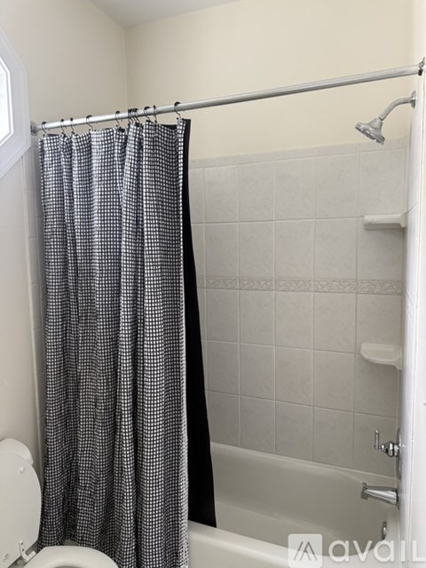 A bathroom with a shower curtain and a toilet.