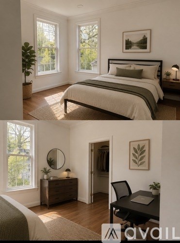 A bedroom with a large bed and a desk with a chair.
