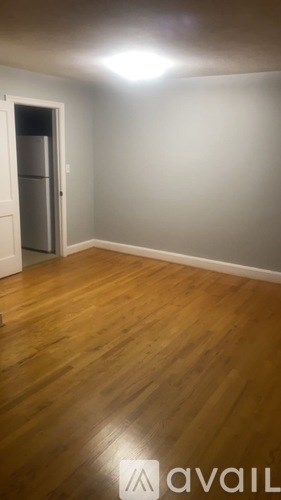 A room with wooden flooring and a white door.