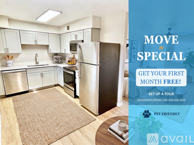 A kitchen with a sign offering a free first month and a tour.