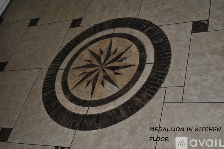 A medallion in the kitchen floor.