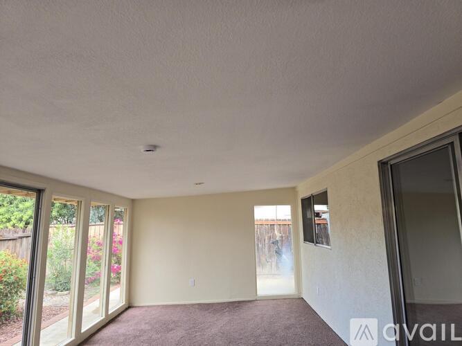 A room with a carpeted floor and a window.