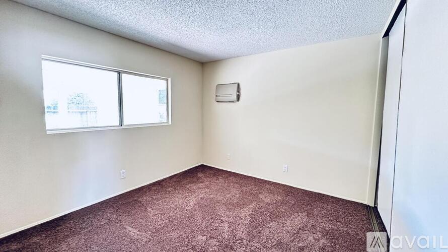 A room with a window and a carpeted floor.